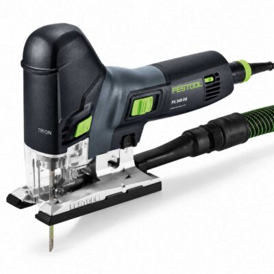 Caladora Festool PS 300 EQ-Plus profesional sobre fondo blanco con diseño ergonómico y precisión para carpintería