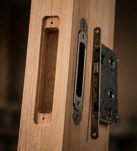 Detalle de cajeado para bisagras realizado con fresadora Virutex