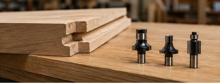 Detalle de fresado de cantos de madera con fresadora Virutex FR356Z
