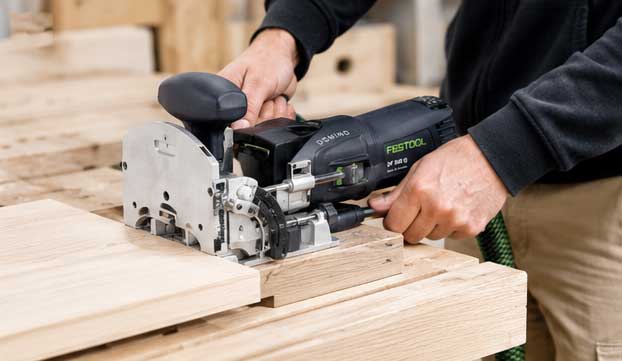 Operario utilizando la ensambladora FESTOOL DOMINO DF 500 Q-Plus sobre paneles de madera