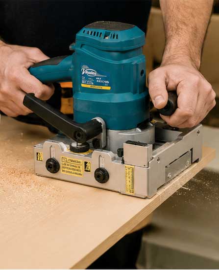 Recortadora VIRUTEX RZ270S trabajando sobre tablero de madera