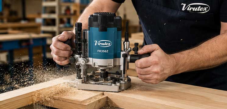 Fresadora Virutex FR356Z realizando fresado sobre madera maciza