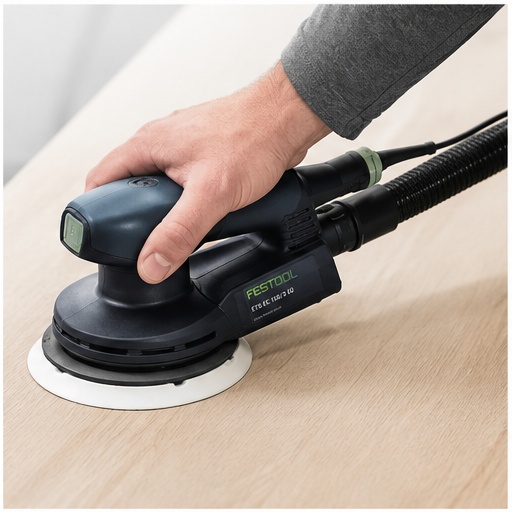 Operario utilizando lijadora Festool ETS EC 150/3 EQ sobre superficie de madera