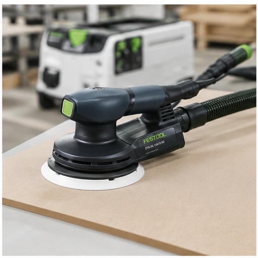 Lijadora Festool ETS EC 150/3 EQ conectada a sistema de aspiración en taller
