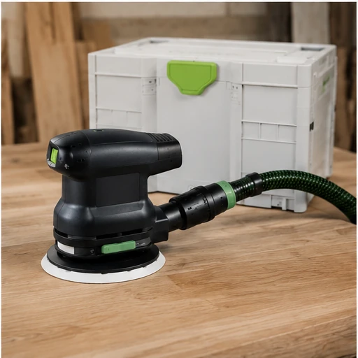 Lijadora Festool ETS 150/3 EQ junto a sistema Systainer en taller de carpintería