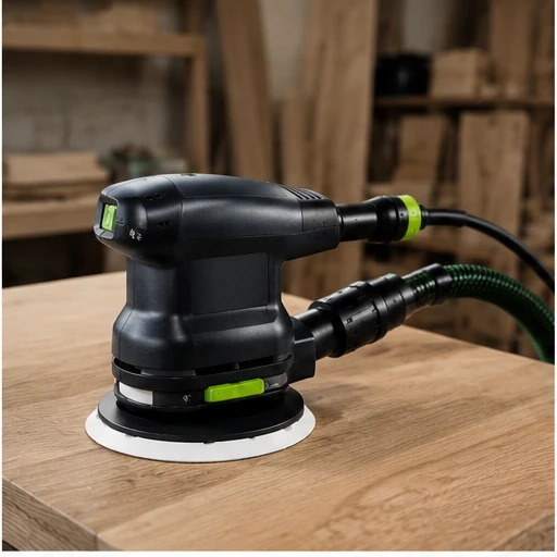 Festool ETS 150/3 EQ sobre banco de carpintería profesional para trabajos de lijado de madera