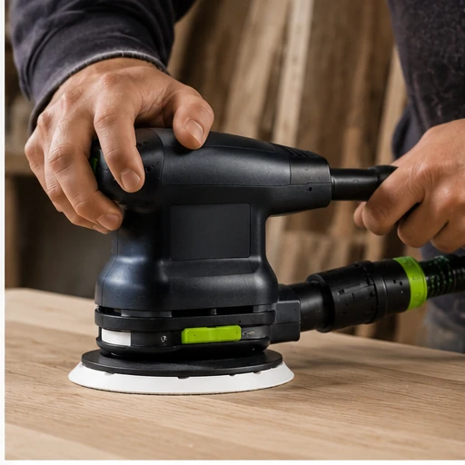 Detalle de agarre ergonómico de la lijadora Festool ETS 150/3 EQ para trabajos de precisión